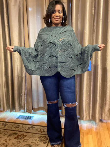 Poncho Pull Over Sweater-Teal