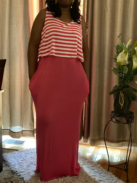 Pink Stripe and Solid Maxi Dress w/pockets